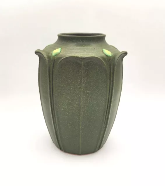 Jemerick Pottery Arts & Crafts Grueby Style Green Vase Carved Leaves 1998 SIGNED 2