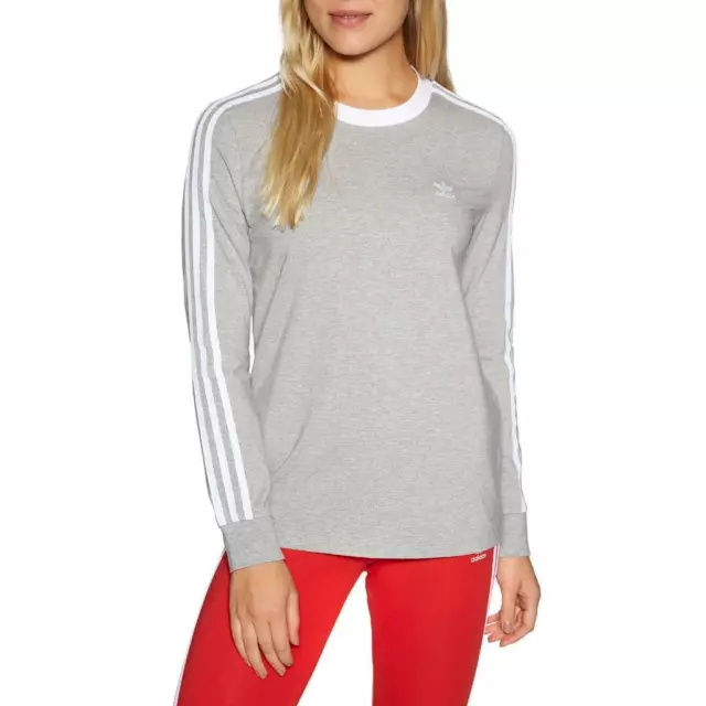Adidas Originals 3 Stripe T Tee Shirt Top Long Sleeve Heather Grey Women's S NEW