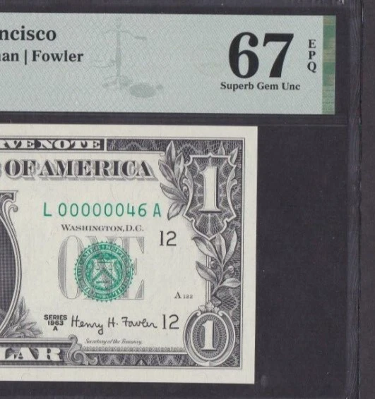 [PMG-67 EPQ] Two Digit S/N 1963-A FRN 1 Dollar FR-1901-L L00000046A
