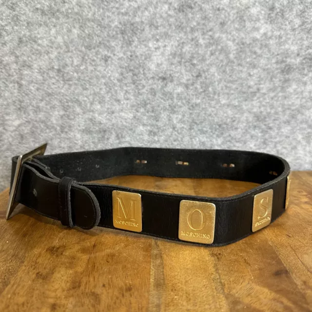 Moschino Vintage 80s original Black Leather Metal Spellout Letters Belt XS/S 3