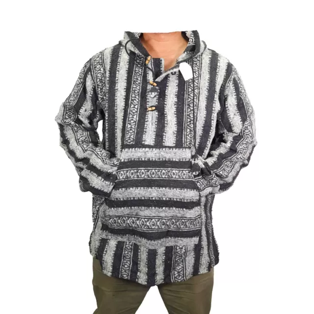 Mens Grey Baja Nepal Hoodie Tibet Mexican Winter Warm Jacket Hippie Pullover