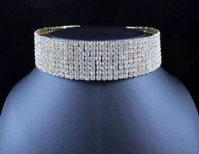 8-Row Clear Austrian Crystal Rhinestone Choker Necklace Party Wedding N077-Gold