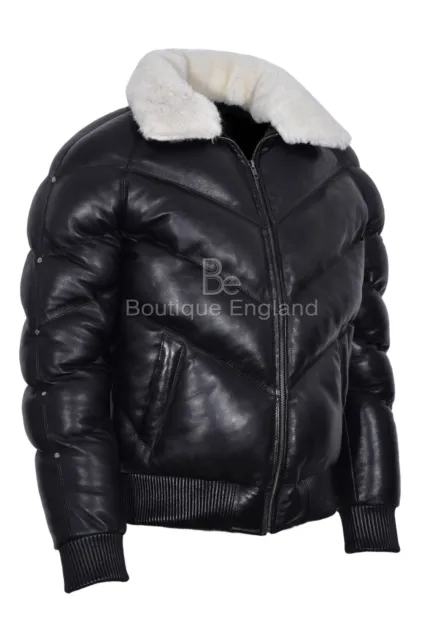 Men's Puffer Leather Jacket Fur Collar WARM Bomber Black REAL LEATHER Jacket Ace 3
