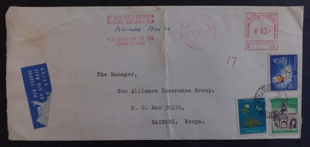 1964 South Africa Airmail Cover ties 3 stamps cd Cape Town-Nairobi