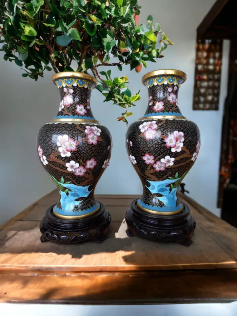 Pair Vintage Chinese Jingfa Cloisonné Vases with Stands Cherry Blossom Design