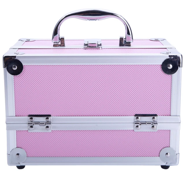 Portable Pink Aluminum Makeup Train Case with Mirror and Jewelry Organizer