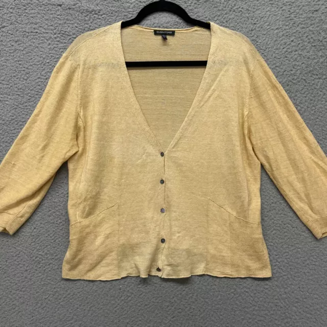 Eileen Fisher Sweater Womens L Yellow Linen Cardigan Boho Lagenlook Coastal