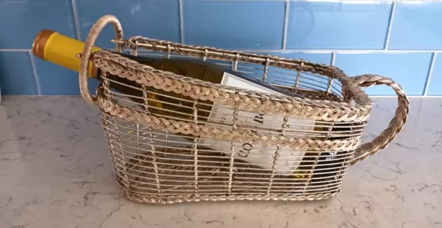 Vtg. Woven Wire Wine Basket Wine Holder Silverplate Braided Handle & Trim French