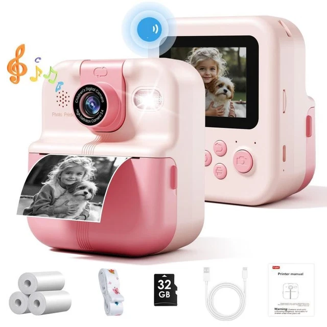 Appareil Photo Instantané Pour Enfants - 1080P, Impression Sans Encre, Avec 4 Rouleaux Papier Et Carte 32G - 11