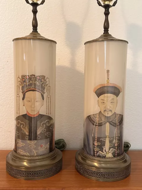 Vintage Asian Lamps Hollywood Regency Chinese Ancestor Portraits Decoupage Pair