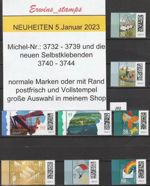 J02 Bund 5. Januar 2023 Mi-Nr: 3732 - 3739 nassklebend postfrisch Vollstempel