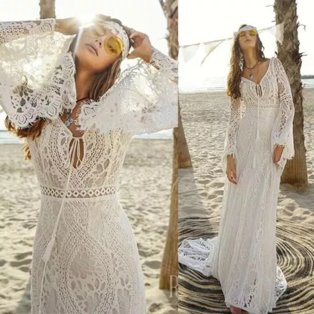 Bohemian V neck Wedding Dresses White/Ivory Lace LongSleeve Backless Bridal Gown