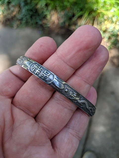 Antique Chinese Sterling Silver Dragon Wedding Bracelet Tianjin Signed Fu Feng