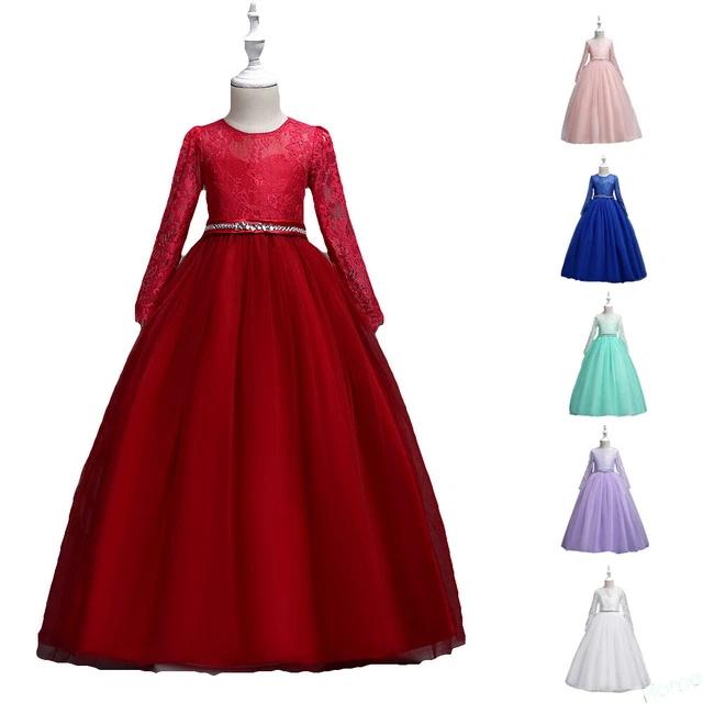 Pageant Formal Wedding Evening Party Girls Lace Dress Kids Princess Long Sleeve