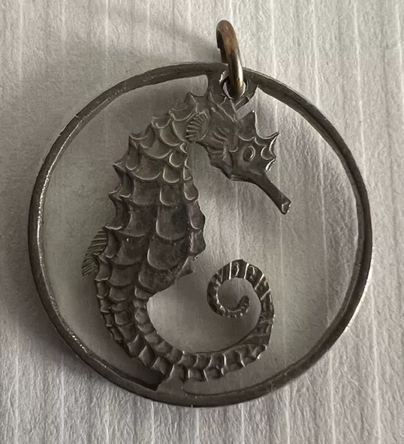 Singapore 10 Cents Cut Coin Pendant with necklace, crowned seahorse Bedok ocean