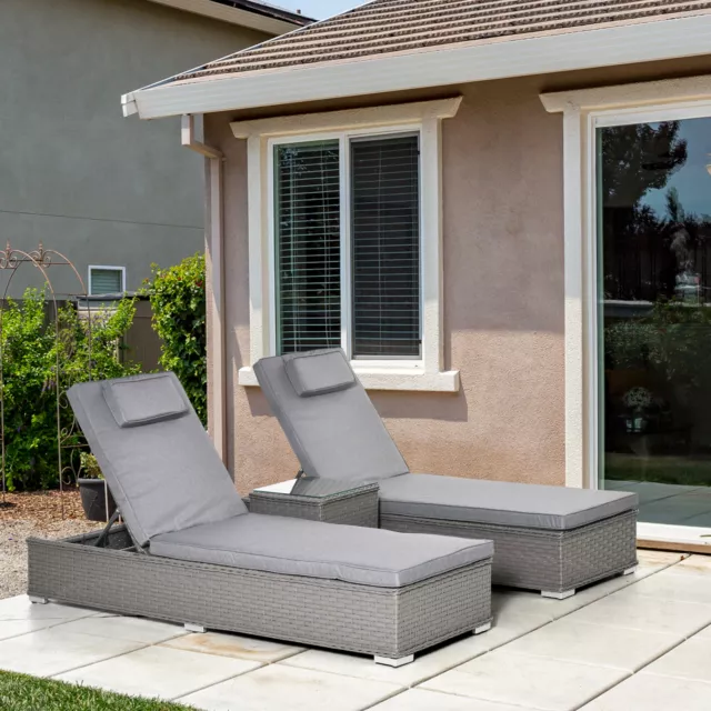 3PC Rattan Sun Lounger Garden Outdoor Wicker Recliner Bed Side Table - Grey