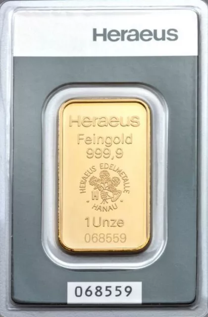 Lingot or 1 once 999,9/1000 31,1 g 1 oz ounce Heraeus certificat gold goldbar