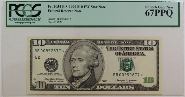1999 $10 FRN *BB-Star* fw Note, PCGS Gem 67 PPQ, Fr. 2034-B*, Federal Reserve