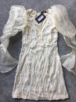 Pretty Little Thing Cream & White Lace Organza Sleeve Bodycon Dress Size 8