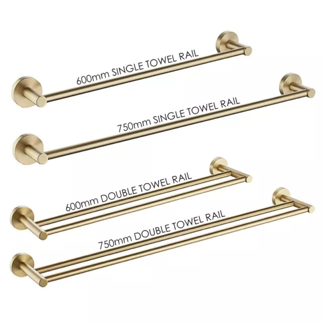 Brushed Gold Round Single Double 600mm 750mm Towel Rail Wall Mounted Brass