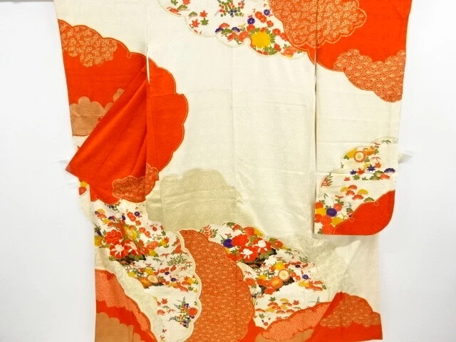 11369# Japanese Kimono / Antique Furisode / Embroidery / Peony With Kiku & Flowe