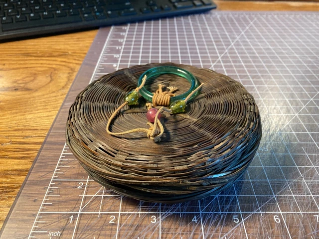Sewing Basket 5" Chinese Asian Woven Wicker with Glass Ring & Beads and On Lid