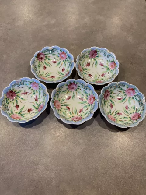 Old Lot of 5 Japan Hand Painted Berry Bowl Porcelain Ceramic Bead Moriage Floral