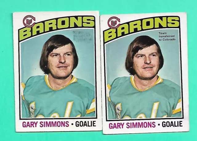 (2) Gary Simmons 1976-77 Opc # 176 Barons Goalie Variation Card (F2056)