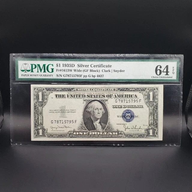 1935D $1 Silver Certificate Fr#1613W Wide (GF Block) PMG 64 Choice Unc. EPQ