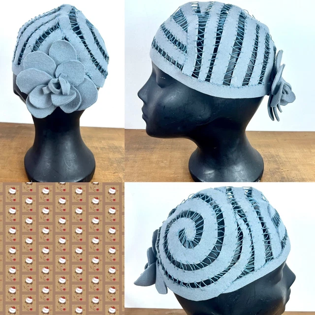 Cappello flapper vintage anni '60 does 1920 / boho hippy uncinetto teschio fiore blu