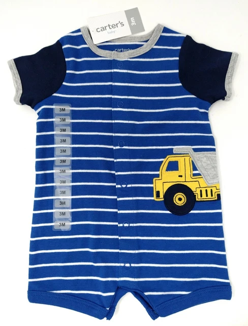 Infant Boys Size 3M 6M Carters Summer Romper Outfit Blue Dump Truck $18 Value