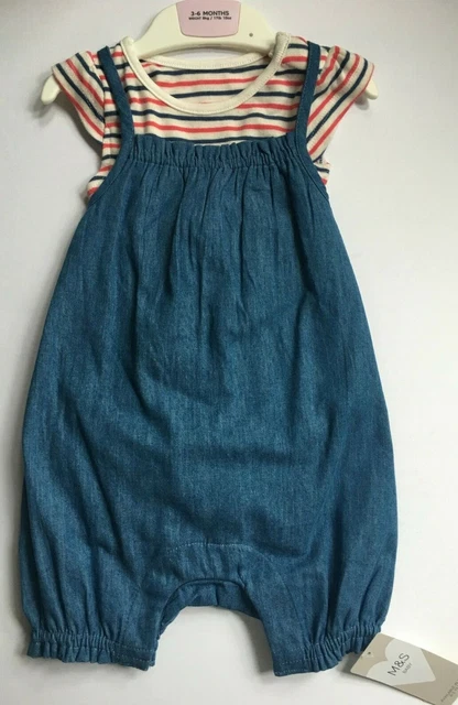 3-6 Mesi Ragazze M&S Cotone Jeans Tutina W/ Manica Corta a Righe Corpo