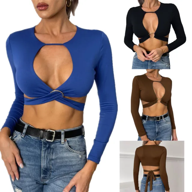 Women Sexy Long Sleeve Crop Top Lady front Keyhole O ring Back Blouse New Tops