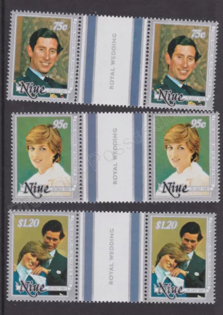 Juego de estampillas de boda real 1981 de Carlos y Diana montadas sin montar o nunca montada Niue SG 430-2 canalón horizontal