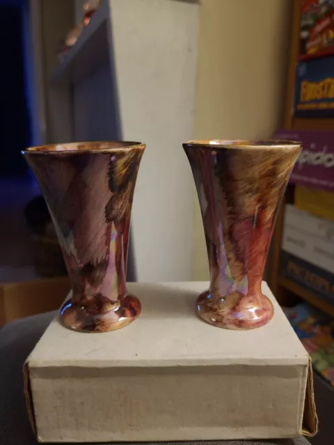 Vintage Pair Of Oldcourt Ware Lustre 8cm Vases Hand Painted English Pottery