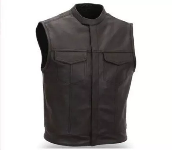 Mens Motorcycle Club Leather Vest, 2 Front Pockets w/Zipper * Gun Pocket