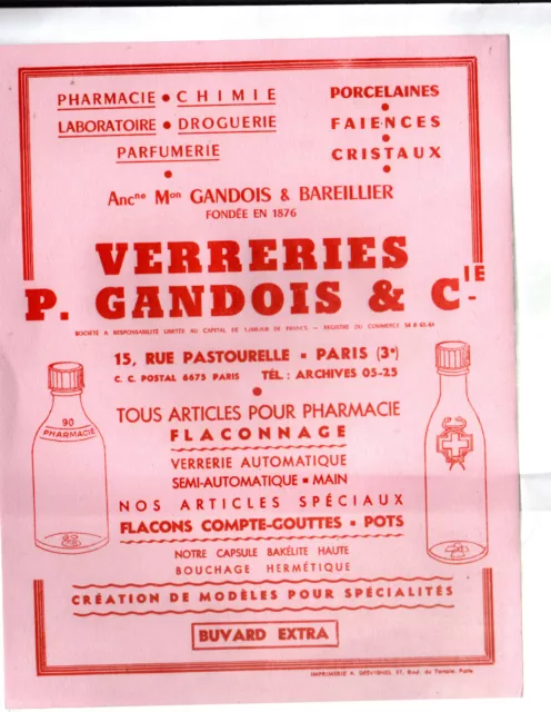 PARIS (III°) Buvard VERRERIE PORCELAINE FLACON pour PHARMACIE "P. GANDOIS"