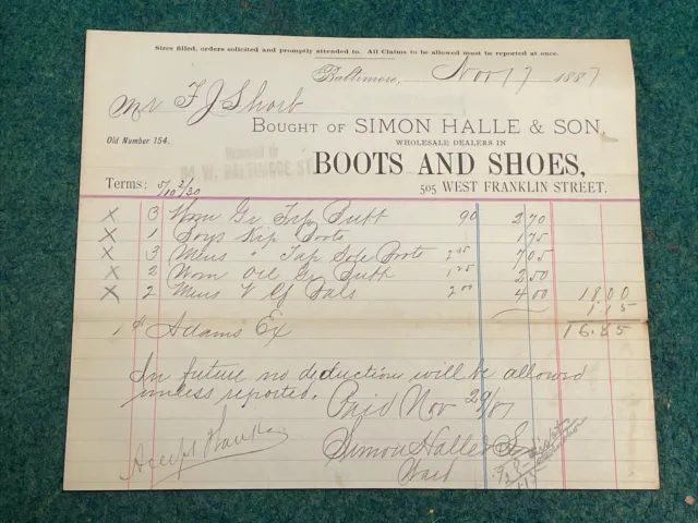 1887 Simon Halle & Son Boots and Shoes Co. Baltimore,MD Receipt