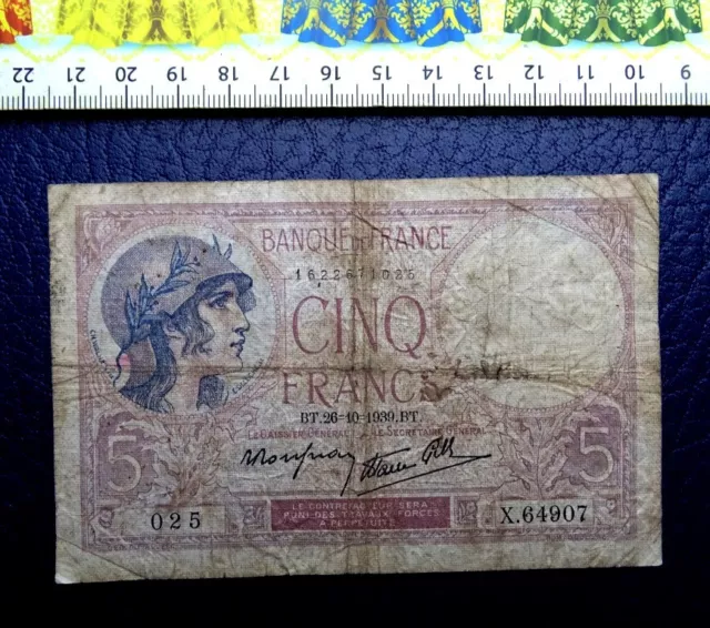 (FR1), Billet de Banque, 5 Francs, Le Casque , Année : 1939 .