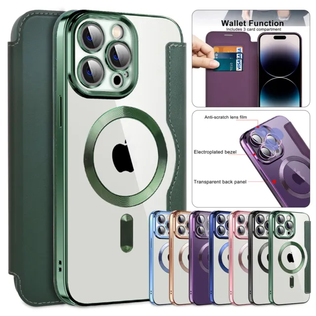 For iPhone 14 13 12 11 Pro Max Clear Mag Safe Leather Wallet Flip Case Cover