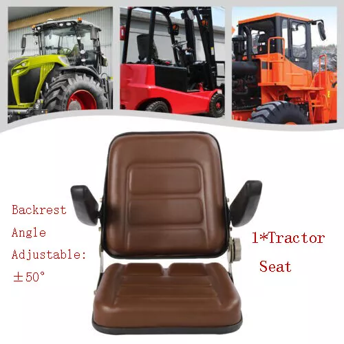 Tractor Seat W/Armrest + Adjustable Angle For Dumper Forklift Mower Digger Brown