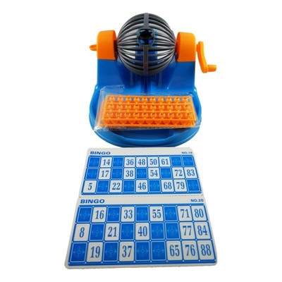 HOBBYTECH Jeu de Societe Bingo Loto Bleu avec Distributeur de Boules 90 Boules numérotées 48 Cartes et des jetons 