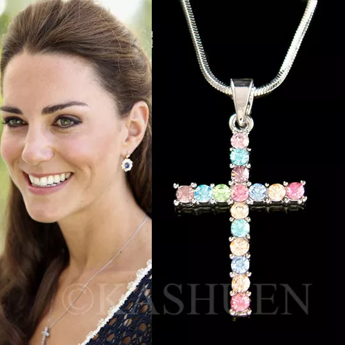 Rainbow CROSS made with Swarovski Crystal God Lord Jesus Christ Necklace Jewelry