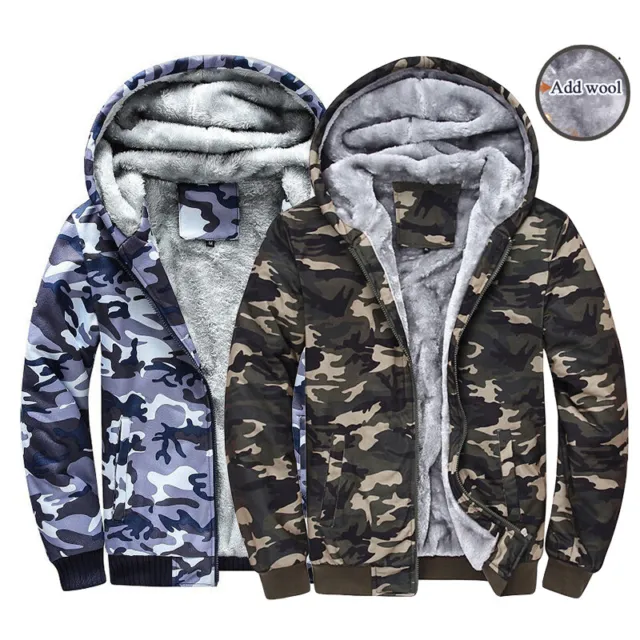 Men Camo Padded Warm Sherpa Fleece Fur Lined Hoodie ZipUp Winter Coat Jacket *UK