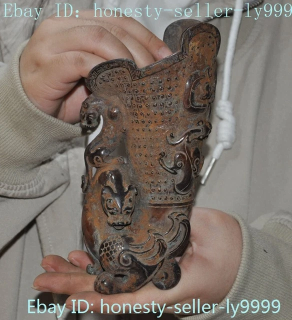 6.6"China dynasty Hetian Jade Carved Han Sacrifice beast Goblet wineglass cup