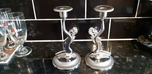 Pair of Art Deco Chrome Nude Ladies Candlesticks