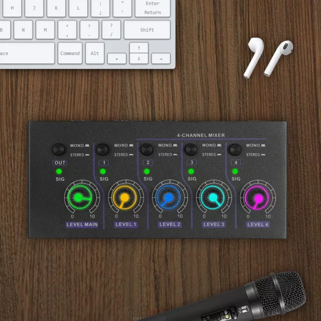 4-Kanal Line Mixer, 4-in-1-Out Unterstützung Mono und Stereo-Audio-Mischpult Neu