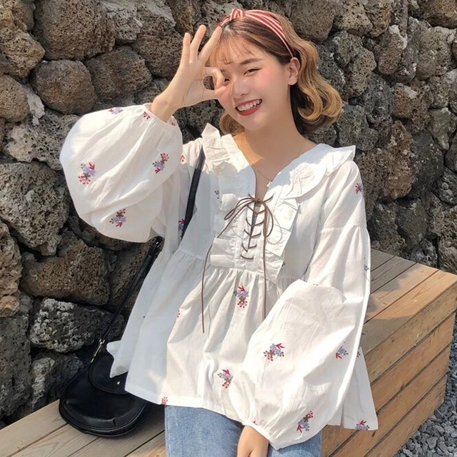 Lady Girl Floral Ruffle T Shirt Blouse Puff Sleeve Loose Lolita Tops Cute Casual