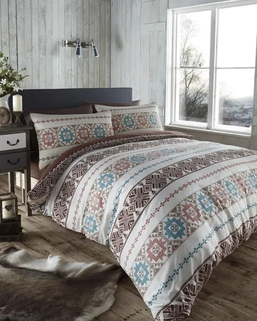 King Size Scandi Natural Duvet Cover Ethnic Stripe Aztec Star Brown Blue Beige