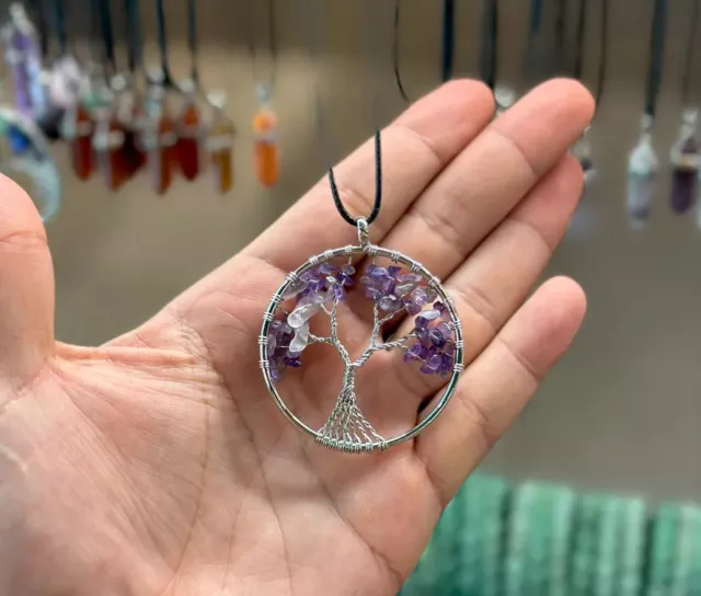 Amethyst Stone Tree Of Life Pendant Necklace Chakra Reiki Healing Amulet